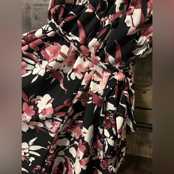Black Floral Wrap Romper with Pink and Cream Blooms - Picture 3 of 5